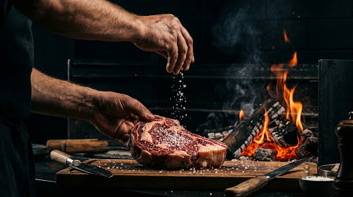Koch würzt ein Steak über offenem Feuer