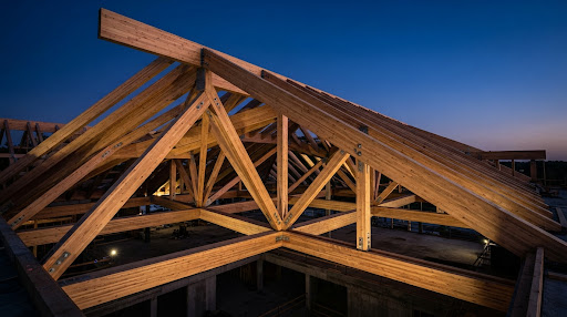 Freigelegter Dachstuhl aus Holz gegen den Abendhimmel