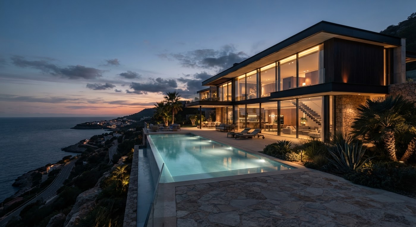 Moderne Luxusvilla mit Infinity-Pool in der Abenddämmerung