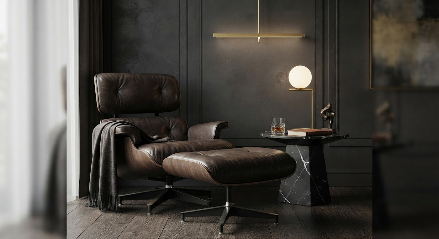 Elegantes, dunkles Interieur mit Leder und Messing